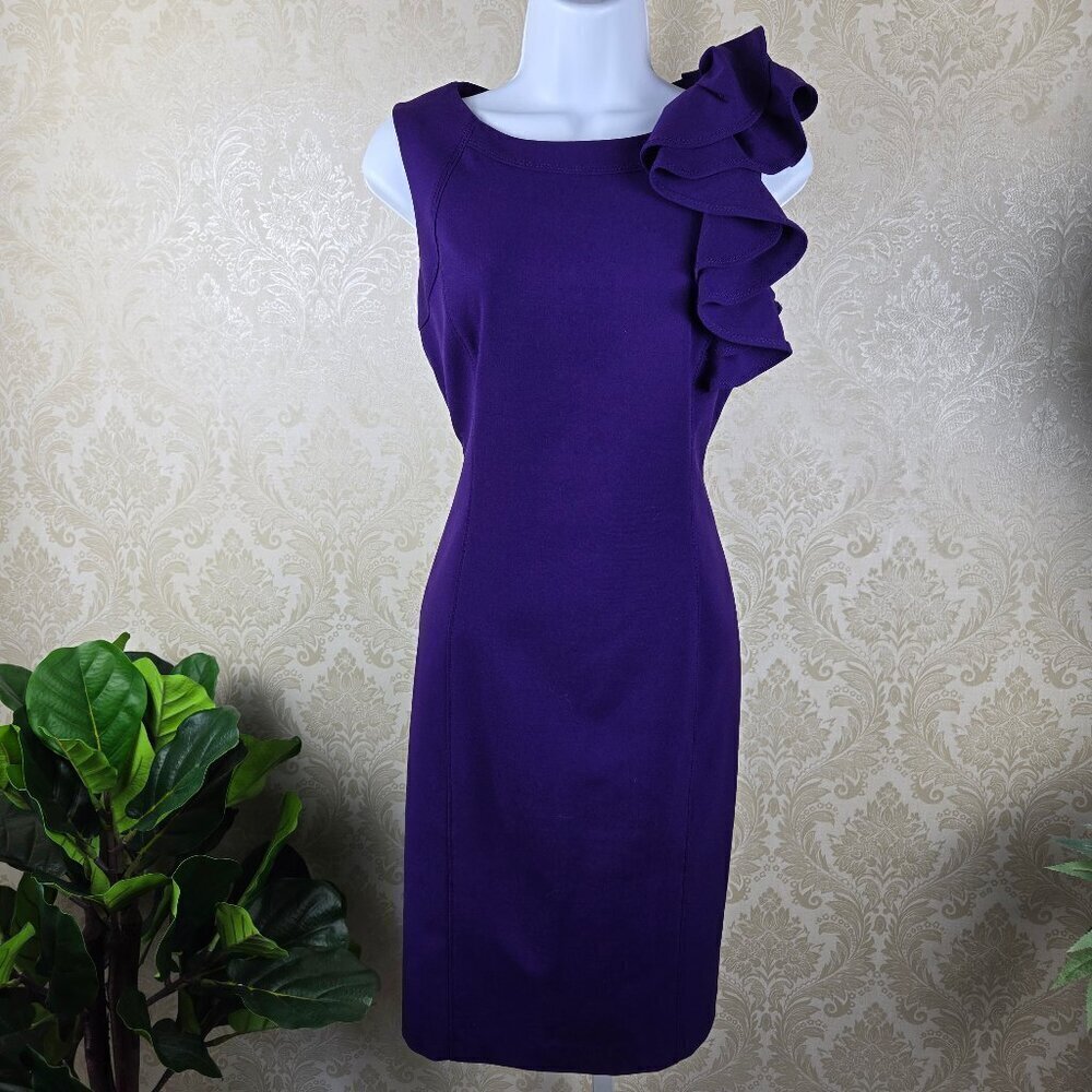Calvin Klein Size 4 Purple Sheath Dress Ruffle Detail on Shoulder Sleeveless